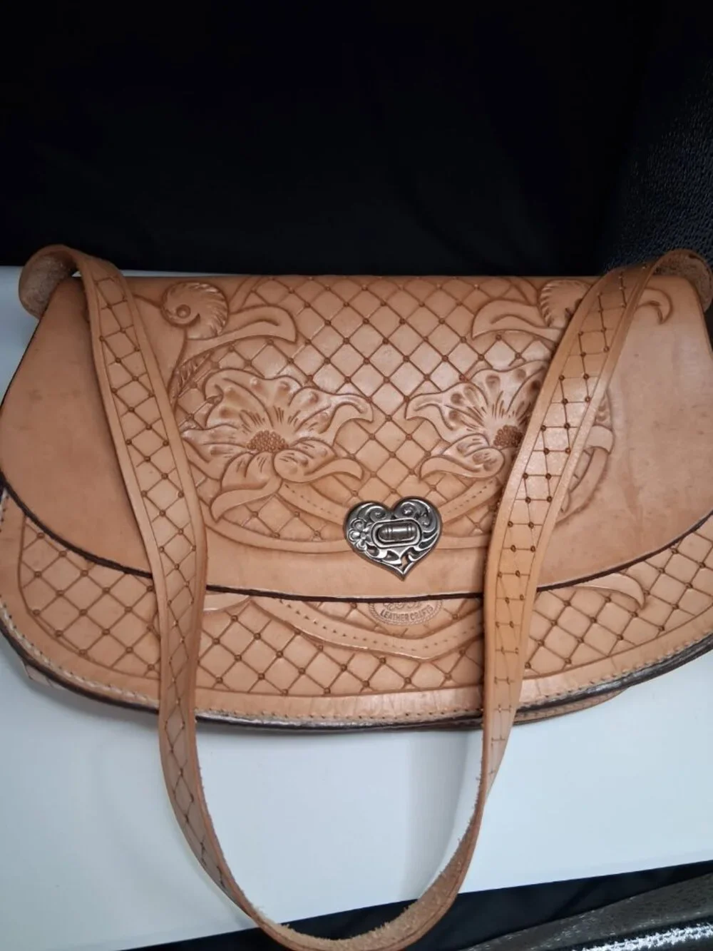 Vintage Tooled Leather Shoulder Bag Floral Design